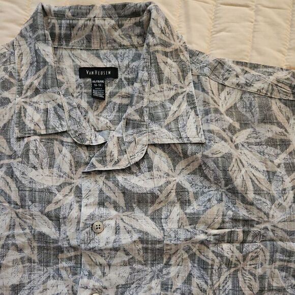 Van Heusen casual button down shirt sleeve shirt, gray leaves, XXL - Picture 1 of 4